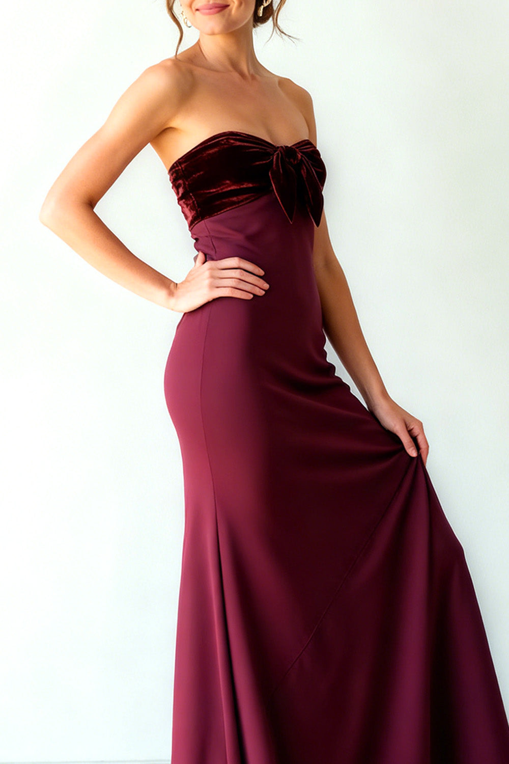 Burgundy Mermaid Strapless Long Formal Dress with Bow