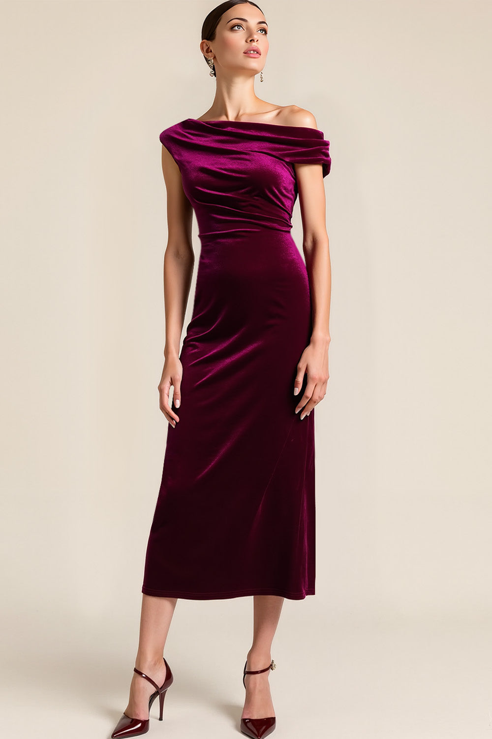 Leely Women Burgundy Midi Velvet Holiday Party Dress Asymmetrical Neck Backless Cocktail Dress