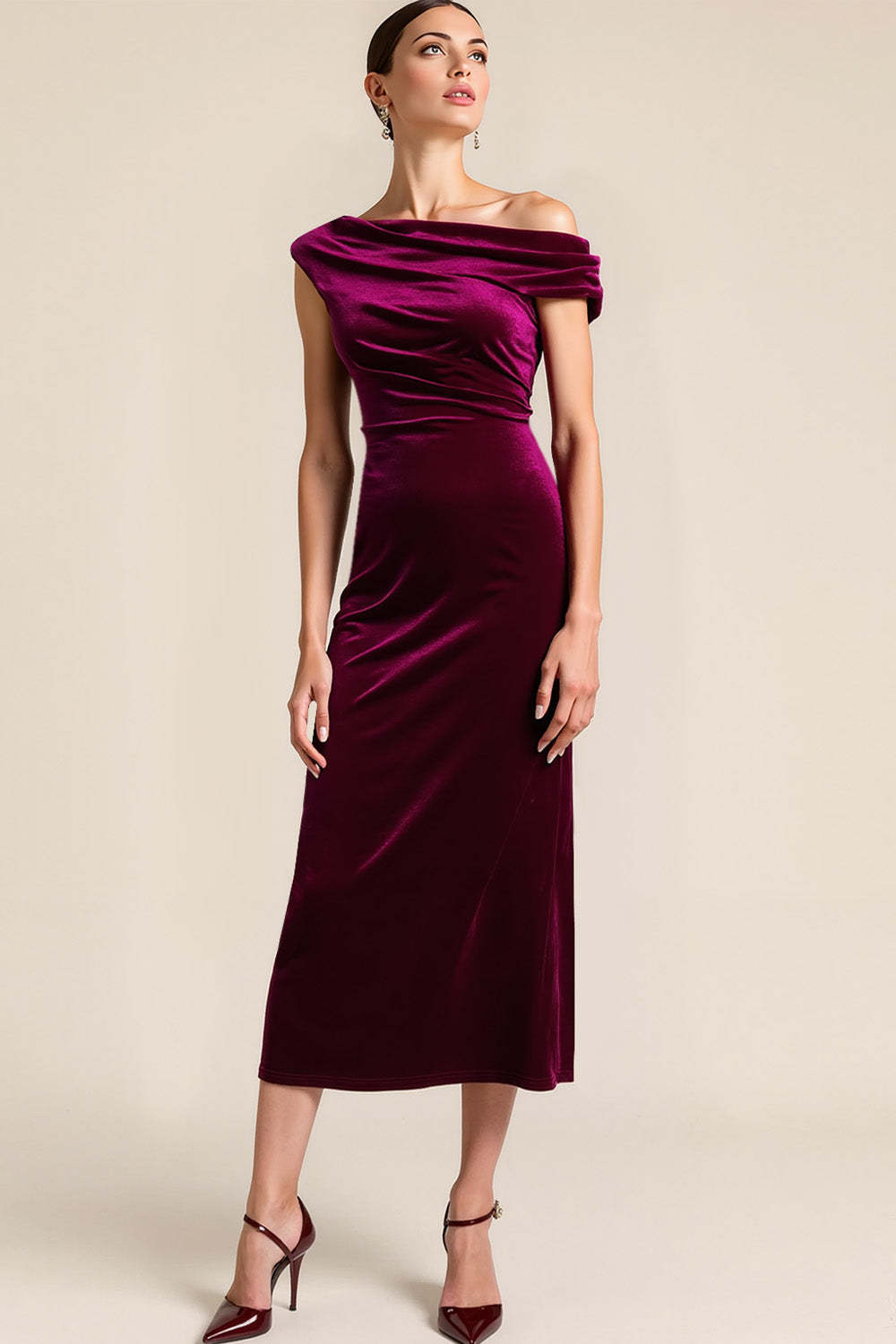 Leely Women Burgundy Midi Velvet Holiday Party Dress Asymmetrical Neck Backless Cocktail Dress