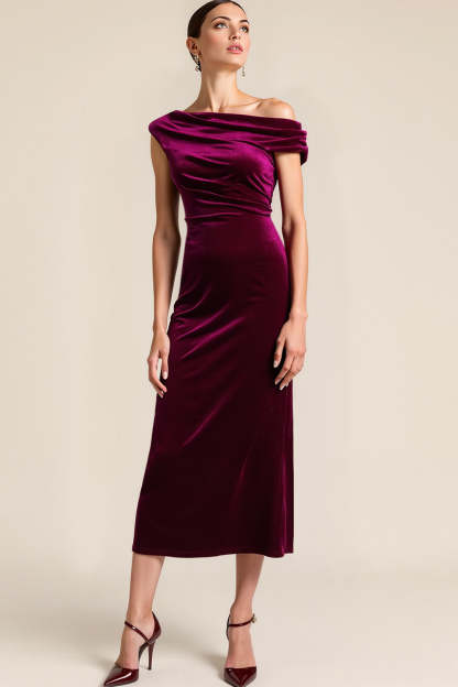 Leely Women Burgundy Midi Velvet Holiday Party Dress Asymmetrical Neck Backless Cocktail Dress
