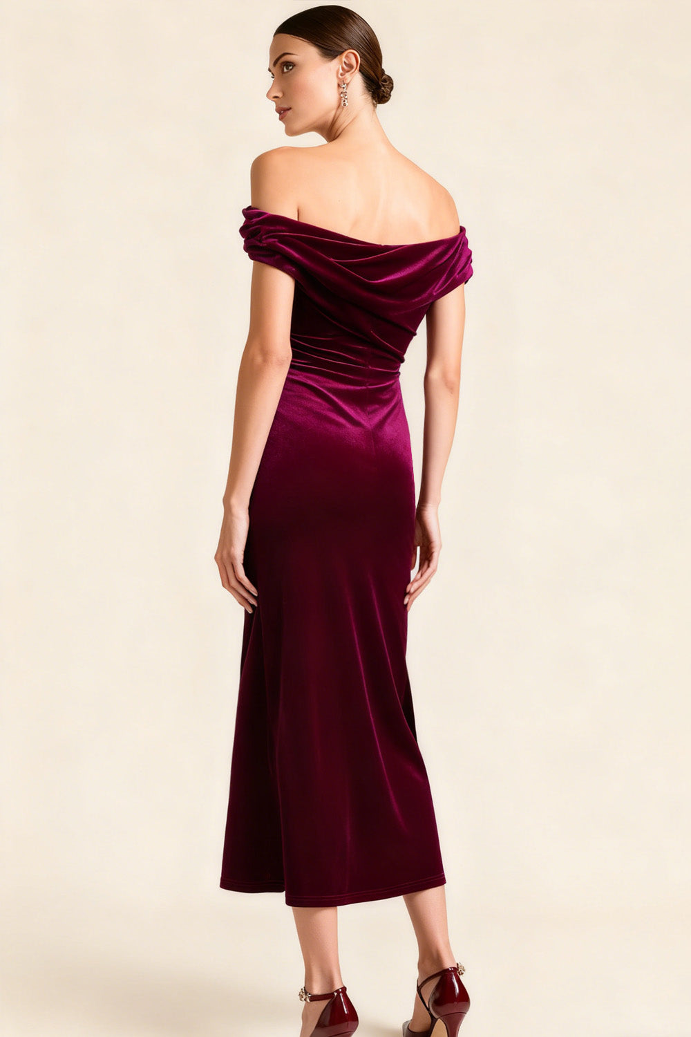 Burgundy Asymmetrical Neck Midi Velvet Holiday Party Dress