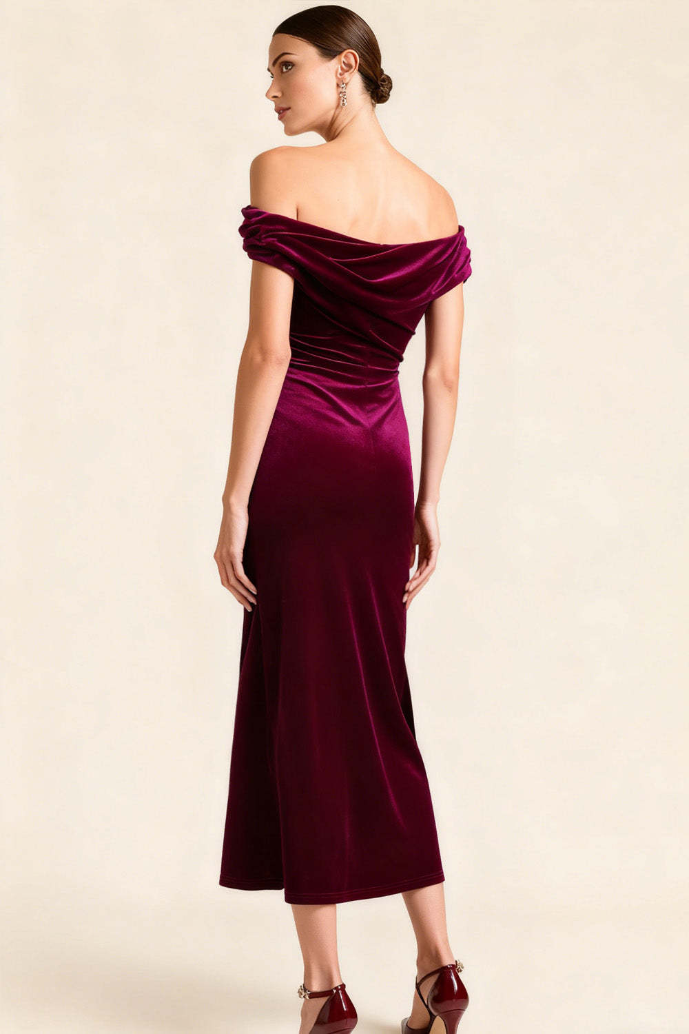 Burgundy Asymmetrical Neck Midi Velvet Holiday Party Dress