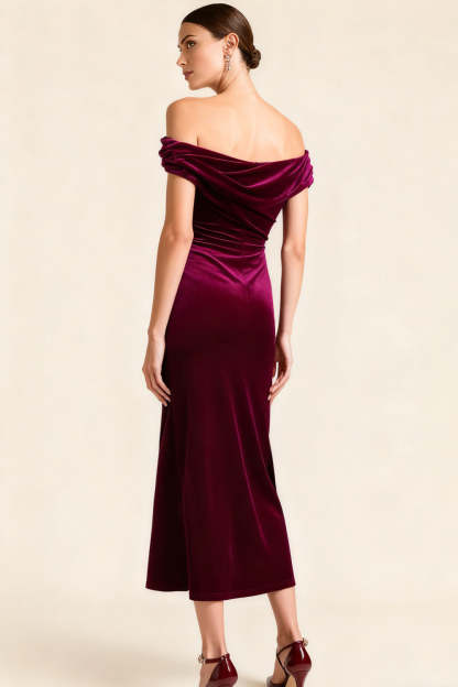 Burgundy Asymmetrical Neck Midi Velvet Holiday Party Dress