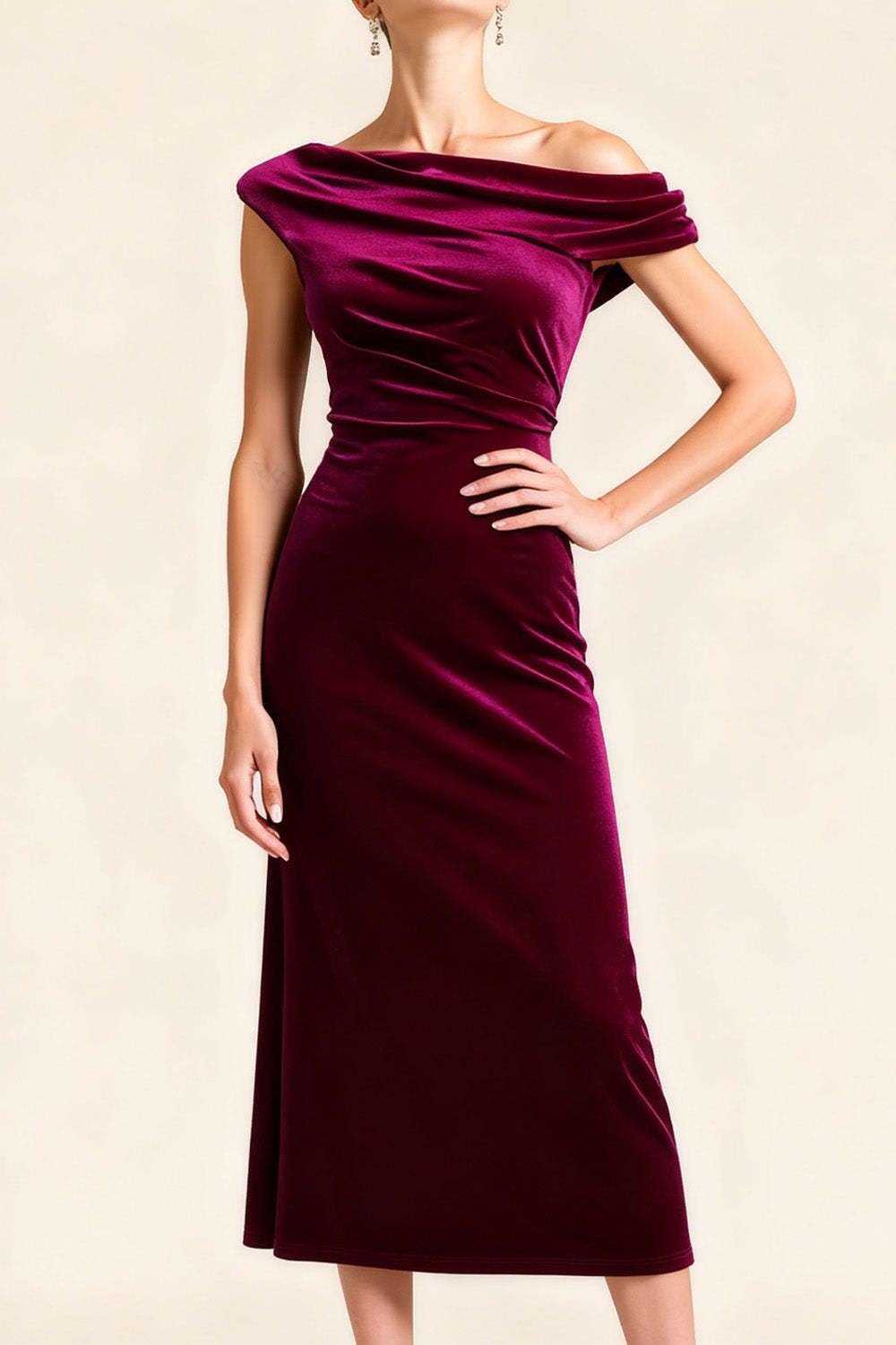 Burgundy Asymmetrical Neck Midi Velvet Holiday Party Dress