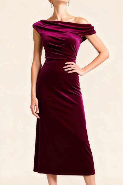 Burgundy Asymmetrical Neck Midi Velvet Holiday Party Dress
