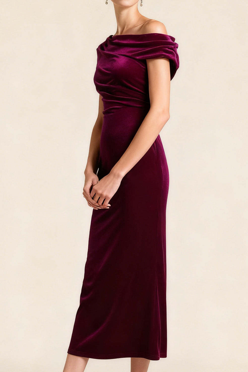 Burgundy Asymmetrical Neck Midi Velvet Holiday Party Dress