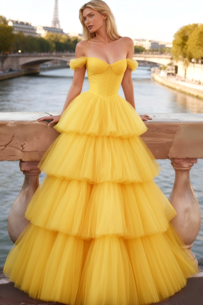 Leely Women Yellow Tiered Tulle Maxi Corset Prom Dress Ruffled A-Line Off the Shoulder Backless Pageant Dress