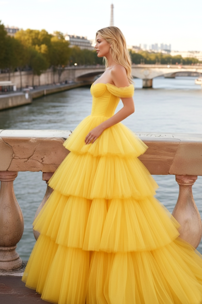 Yellow Corset Tiered A-Line Ruffled Tulle Long Prom Dress