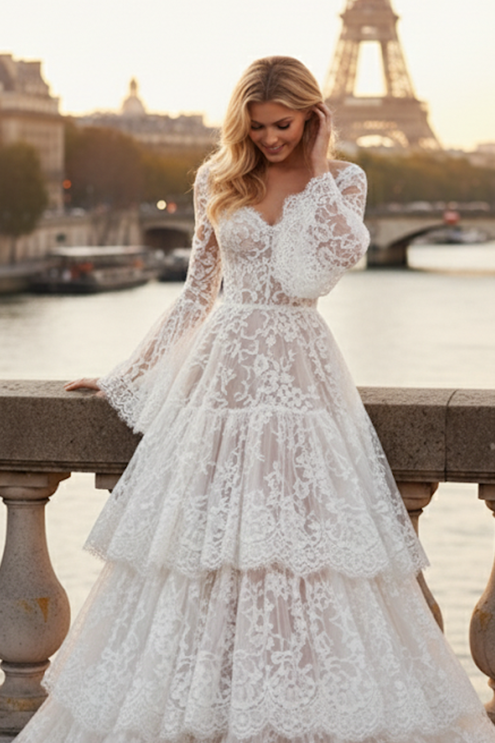 White Lace Tiered Long Corset Bridal Dress with Ruffles