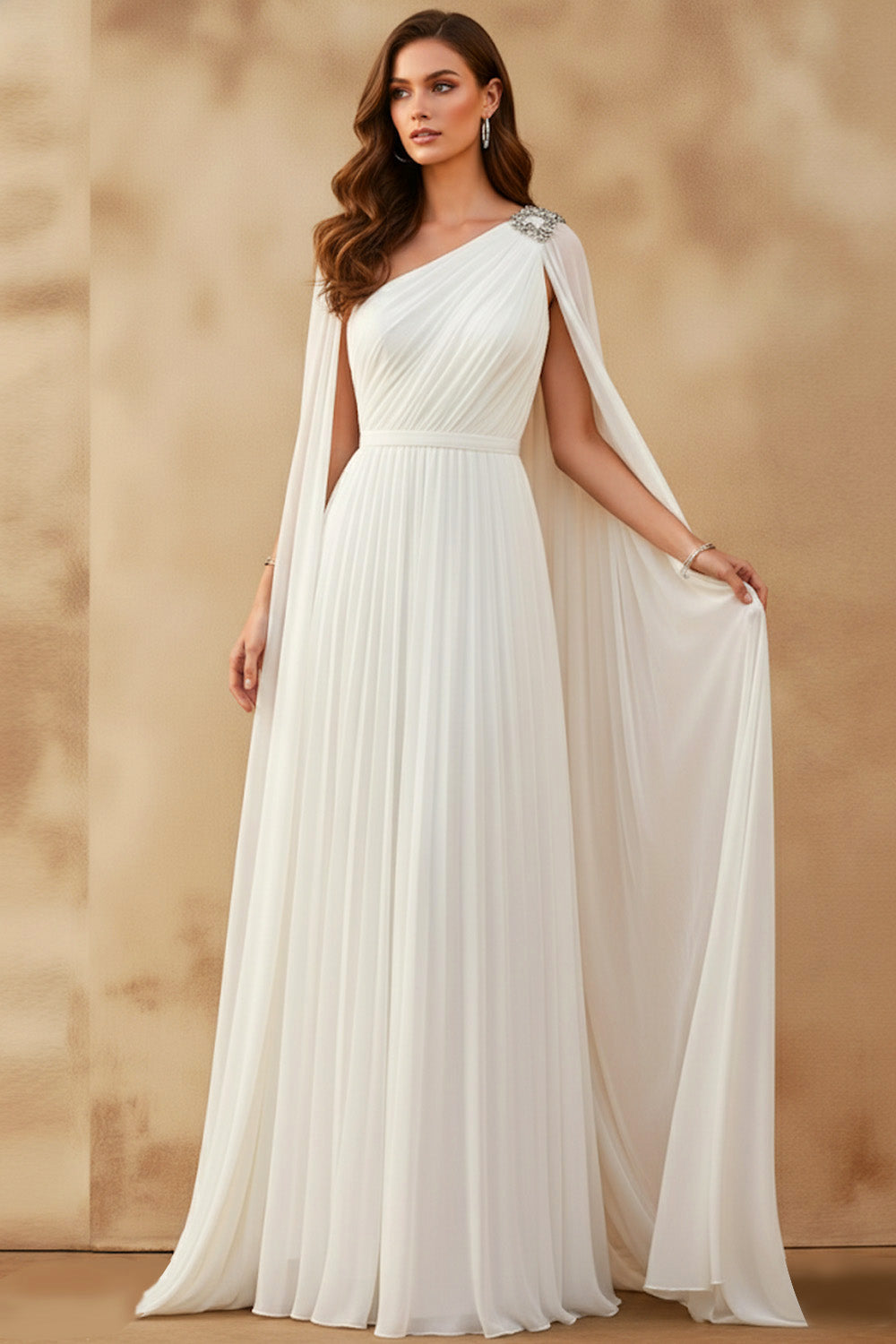 Leely Women White Long Formal Dress with Cape A-Line One Shoulder Backless Gala Dress with Beading