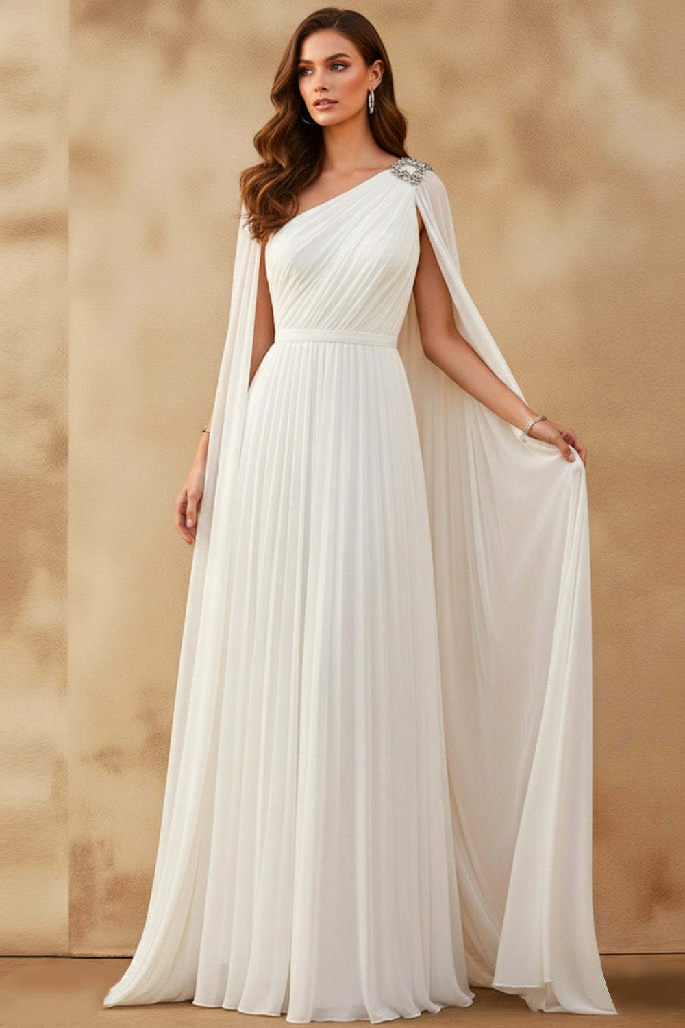Leely Women White Long Formal Dress with Cape A-Line One Shoulder Backless Gala Dress with Beading