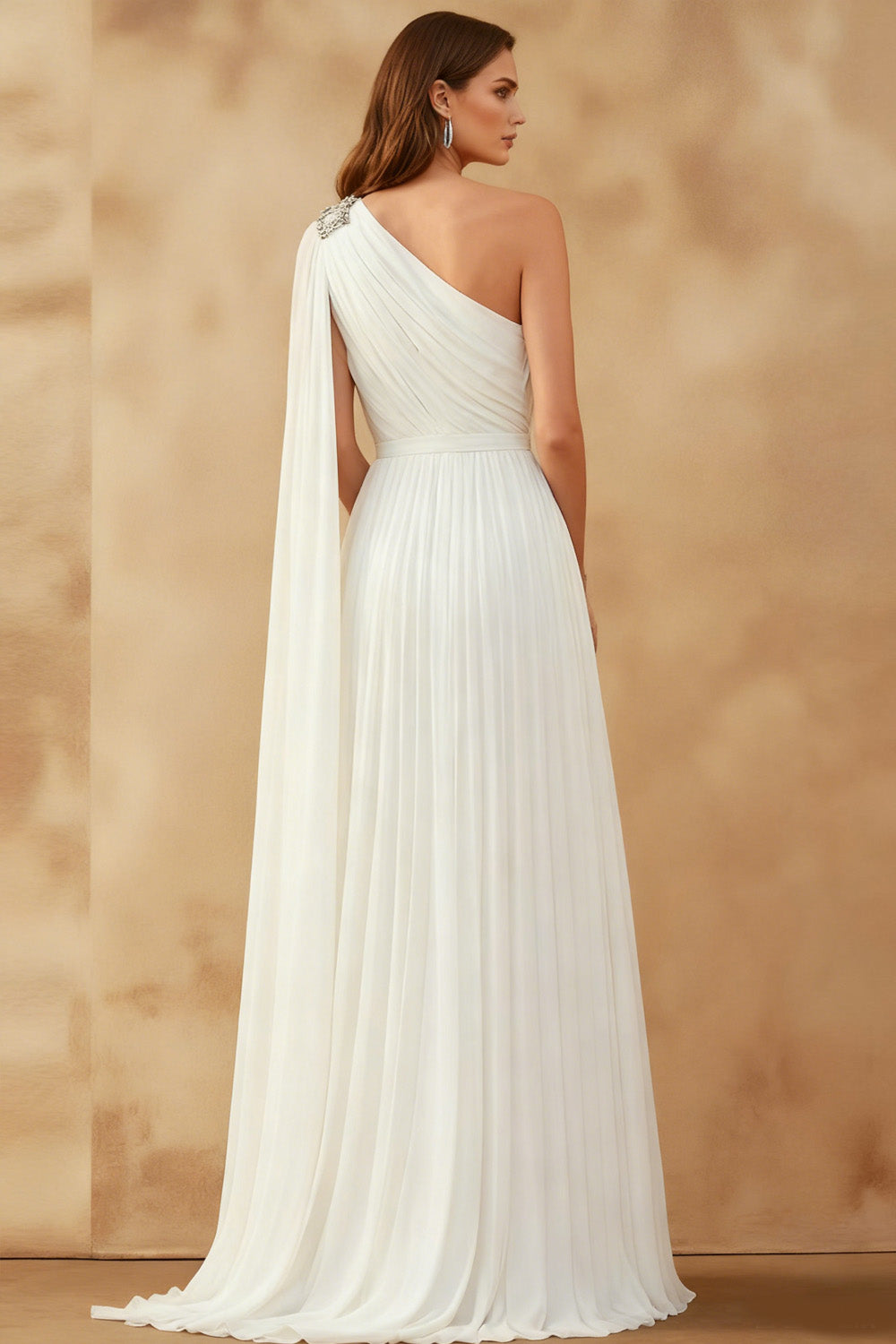 White Long One Shoulder Formal Dress with Cape
