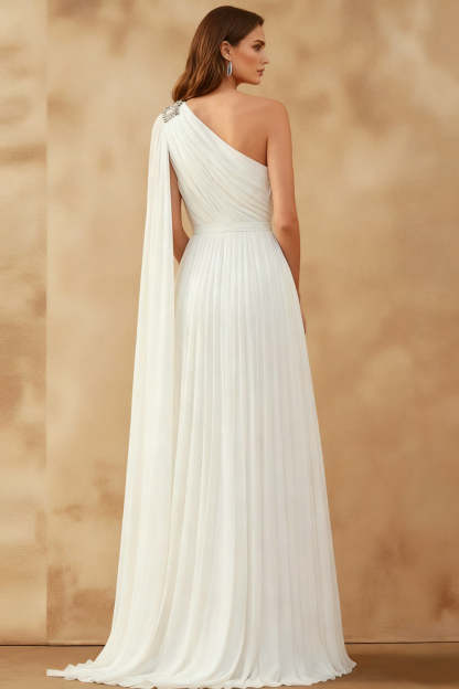 White Long One Shoulder Formal Dress with Cape