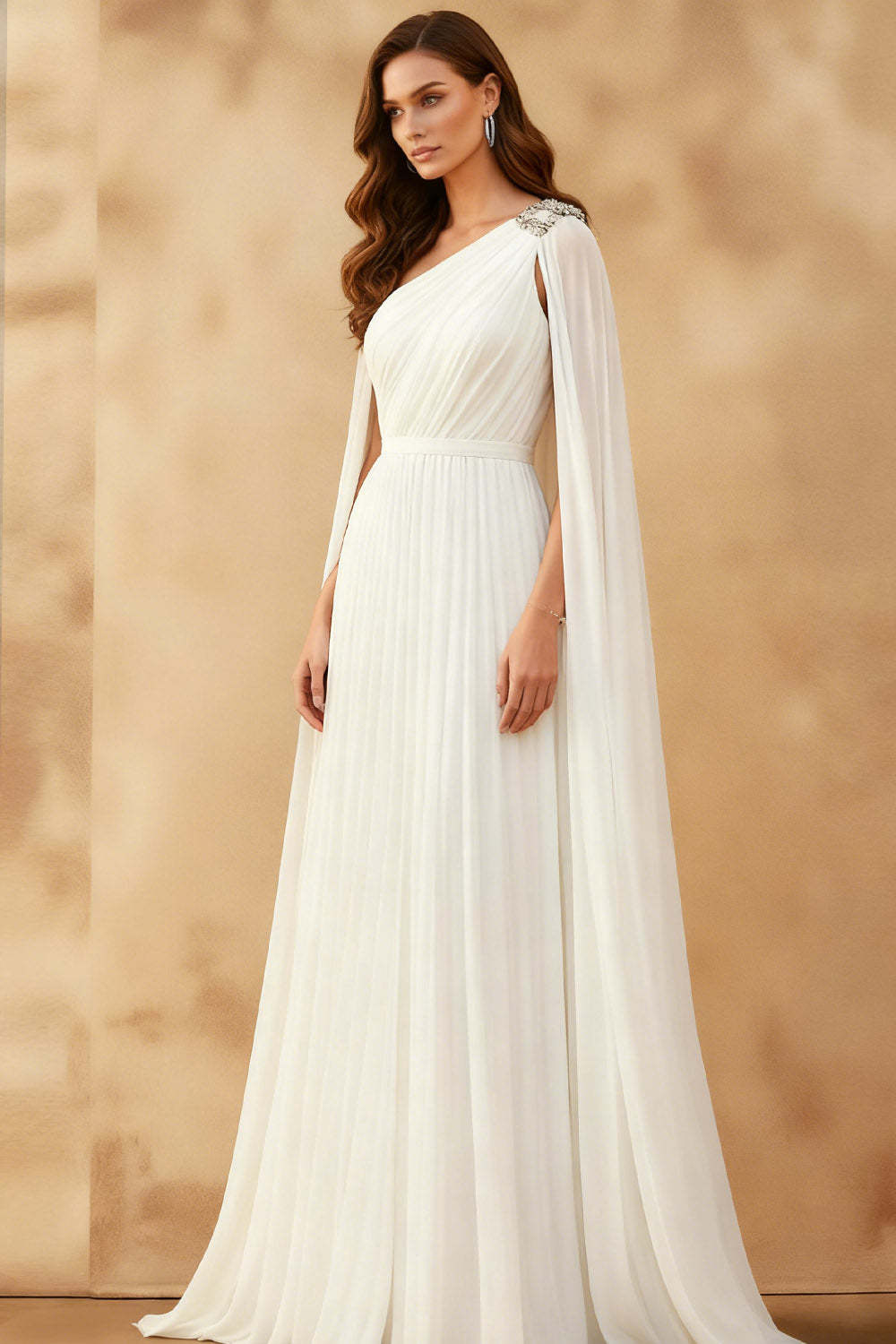 White Long One Shoulder Formal Dress with Cape