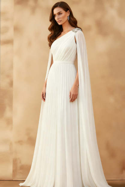 White Long One Shoulder Formal Dress with Cape