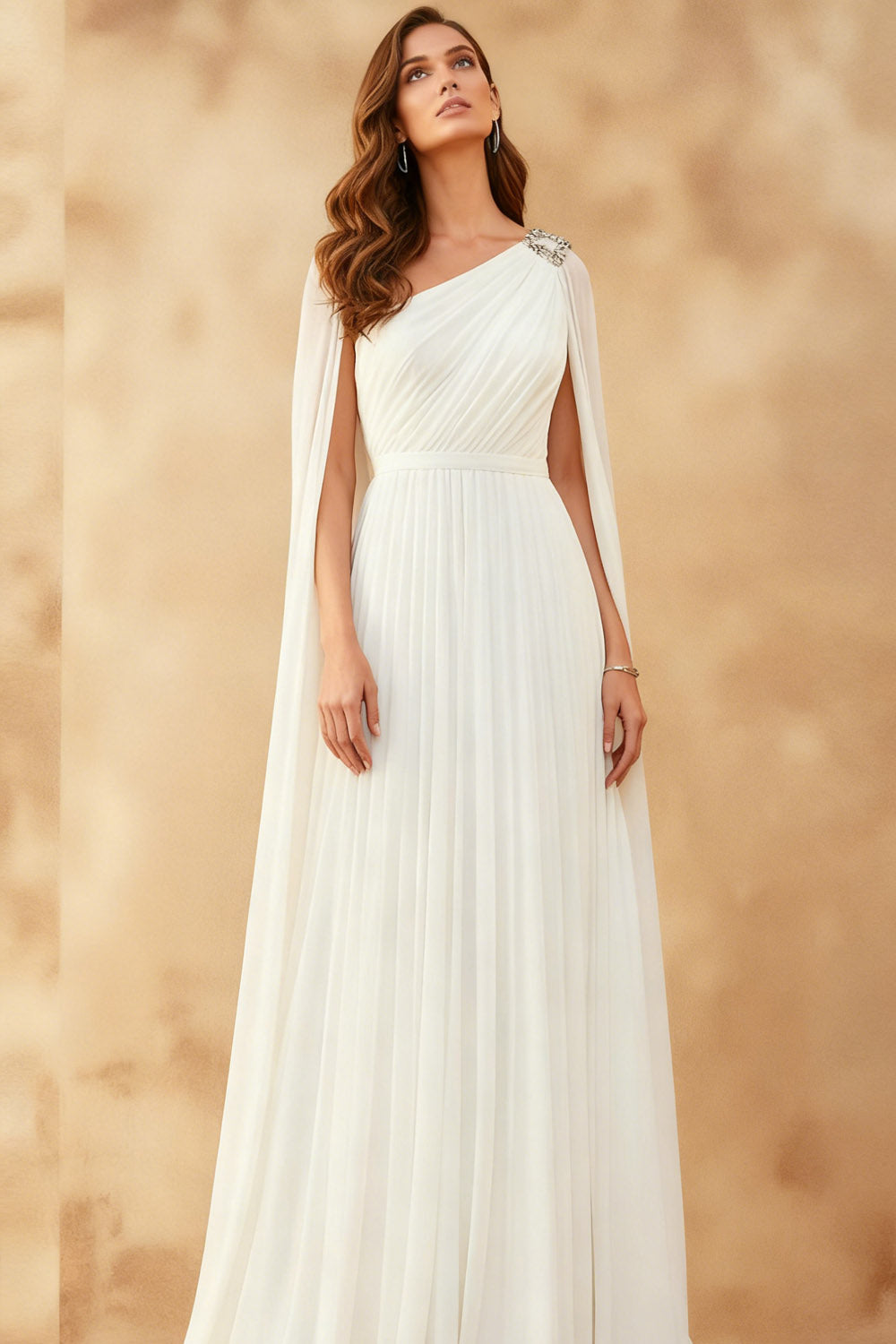 White Long One Shoulder Formal Dress with Cape