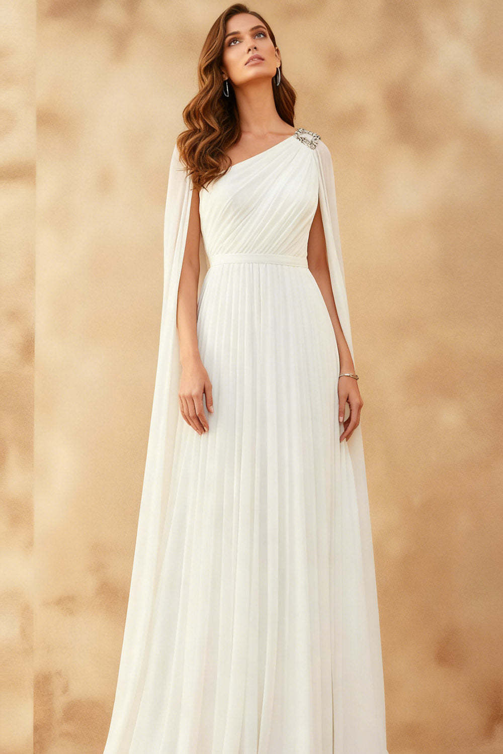 White Long One Shoulder Formal Dress with Cape