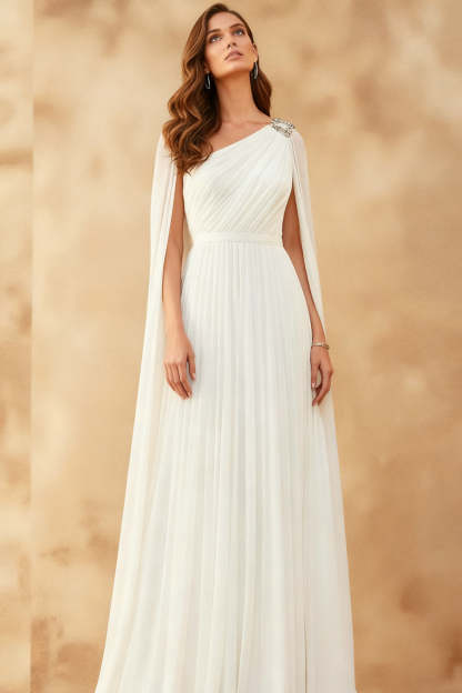 White Long One Shoulder Formal Dress with Cape