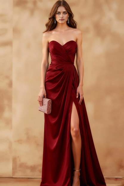 Leely Women Royal Blue Sweetheart Long Formal Dress with Slit Satin Backless Ruched Evening Dress