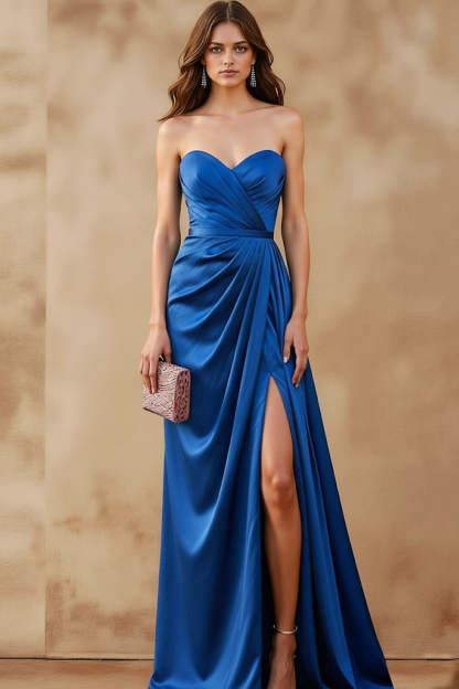 Royal Blue Sweetheart Ruched Long Formal Dress with Slit