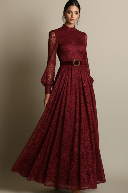 Leely Women Burgundy Lace Long Sleeves Evening Dress High Neck A Line Formal Dress with Belt