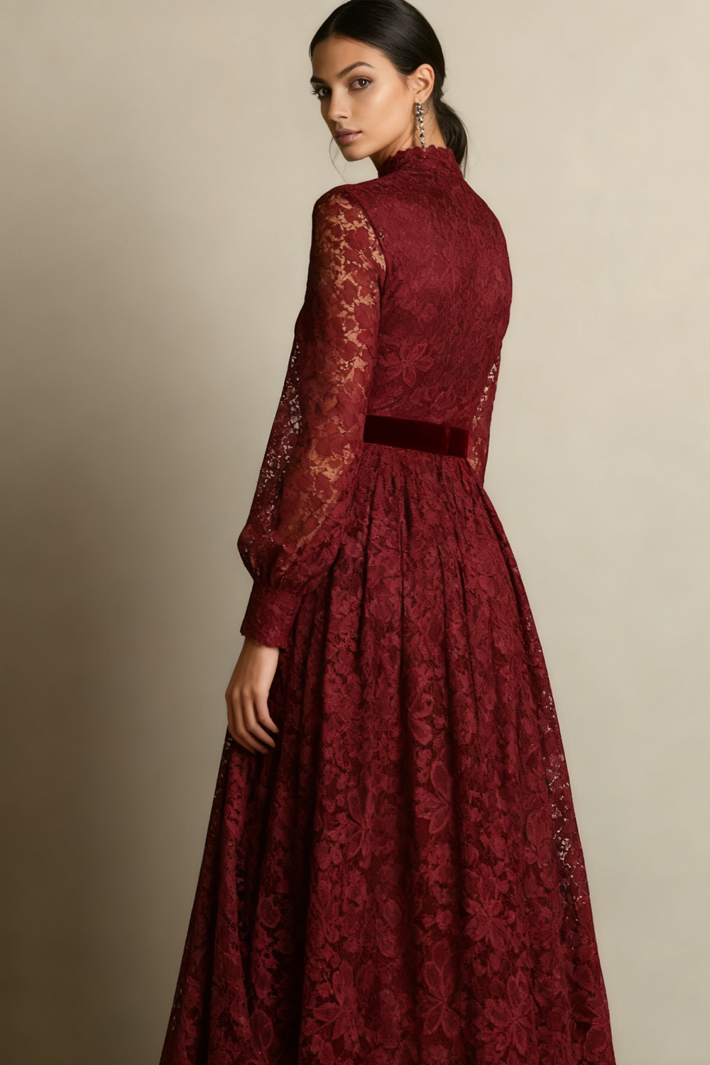Burgundy Lace High Neck Long Sleeves Evening Dress