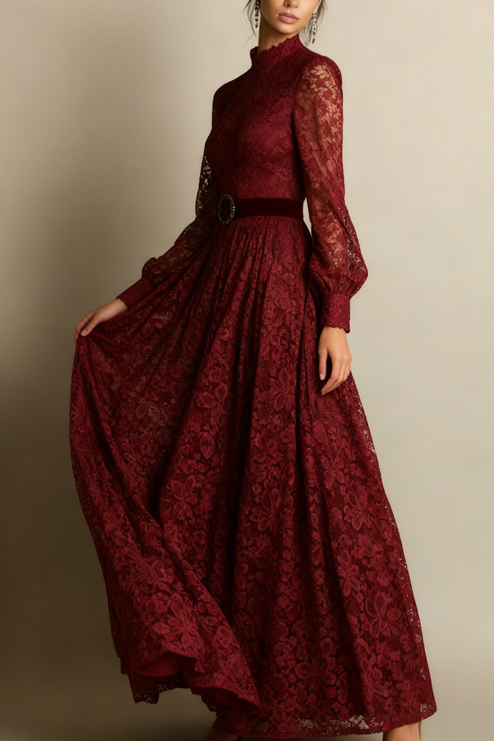 Burgundy Lace High Neck Long Sleeves Evening Dress