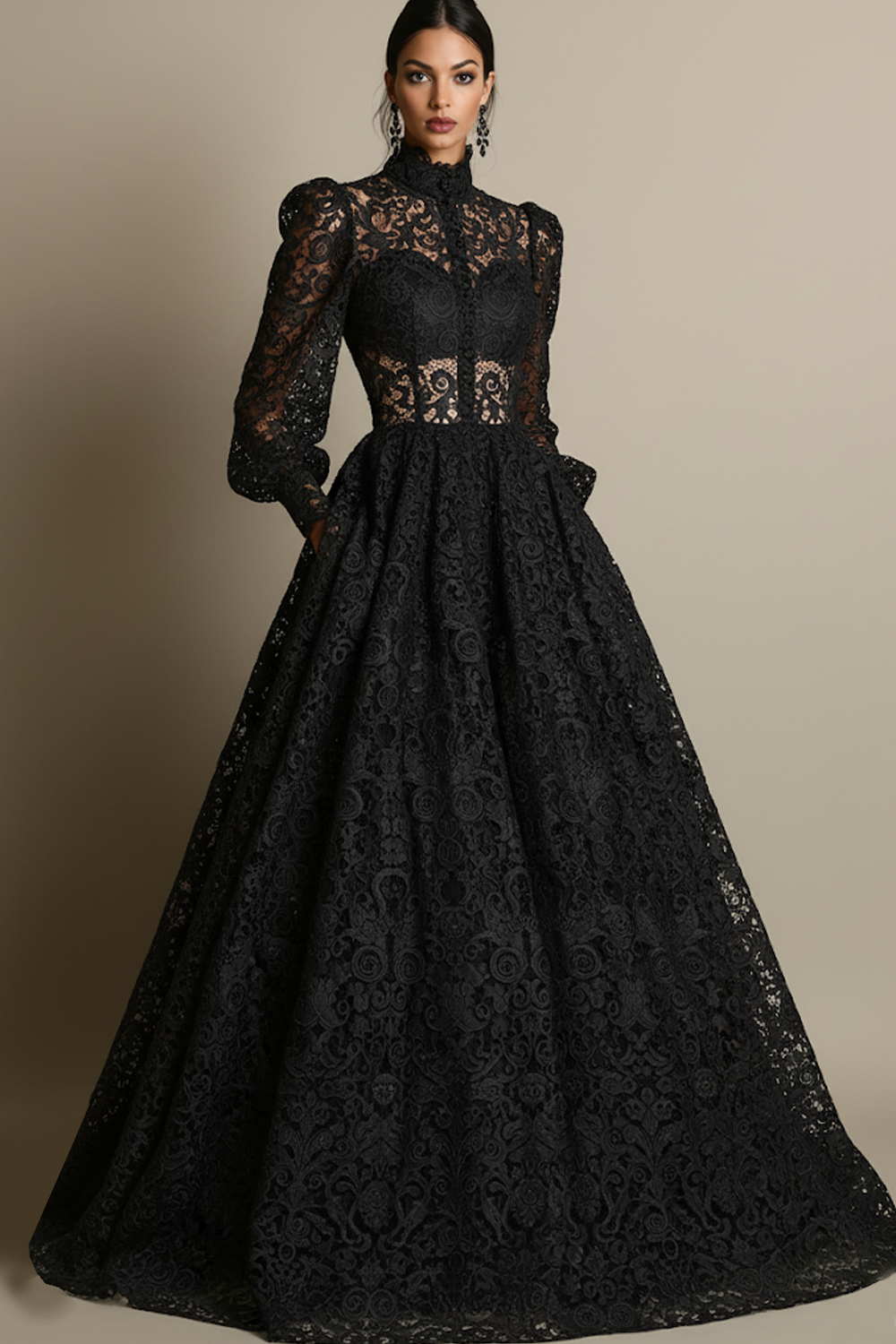 Black High Neck Long Sleeves Lace Evening Dress with Pockets
