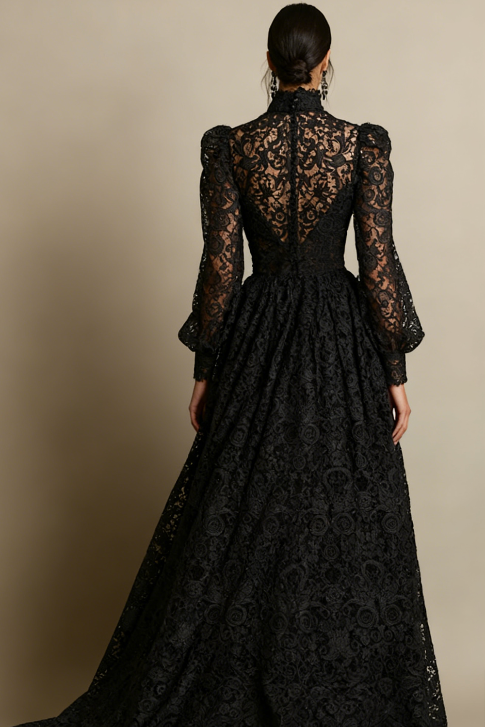 Black High Neck Long Sleeves Lace Evening Dress with Pockets