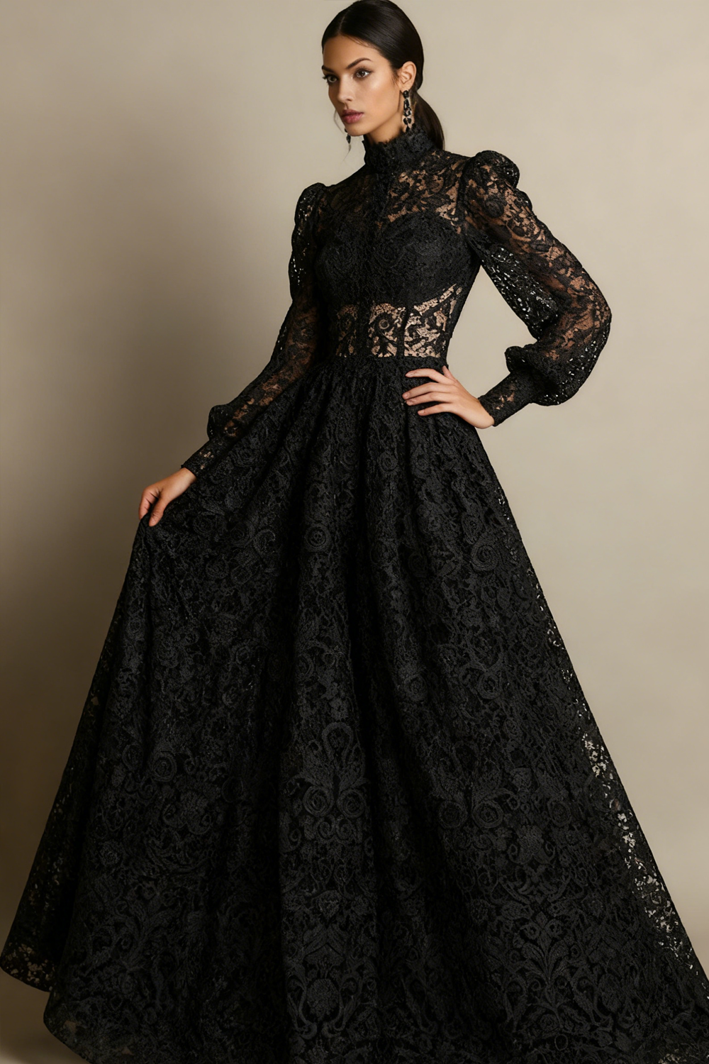 Black High Neck Long Sleeves Lace Evening Dress with Pockets