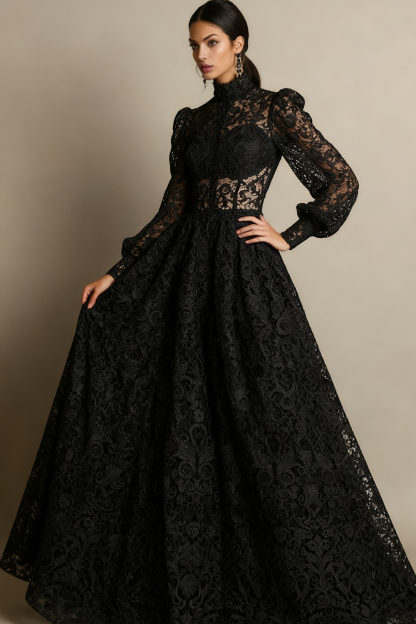 Black High Neck Long Sleeves Lace Evening Dress with Pockets