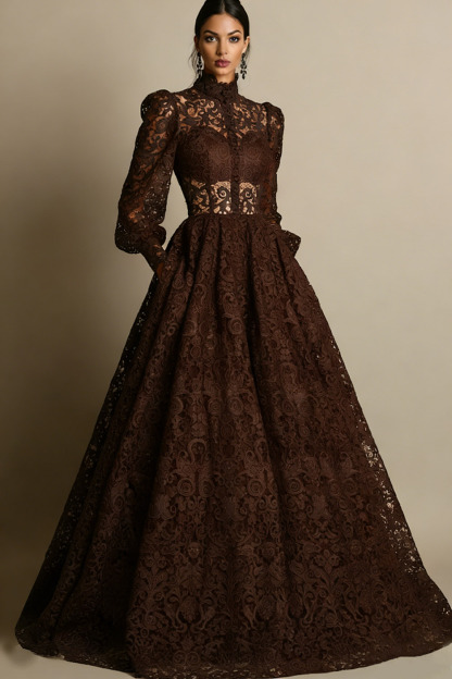 Black High Neck Long Sleeves Lace Evening Dress with Pockets