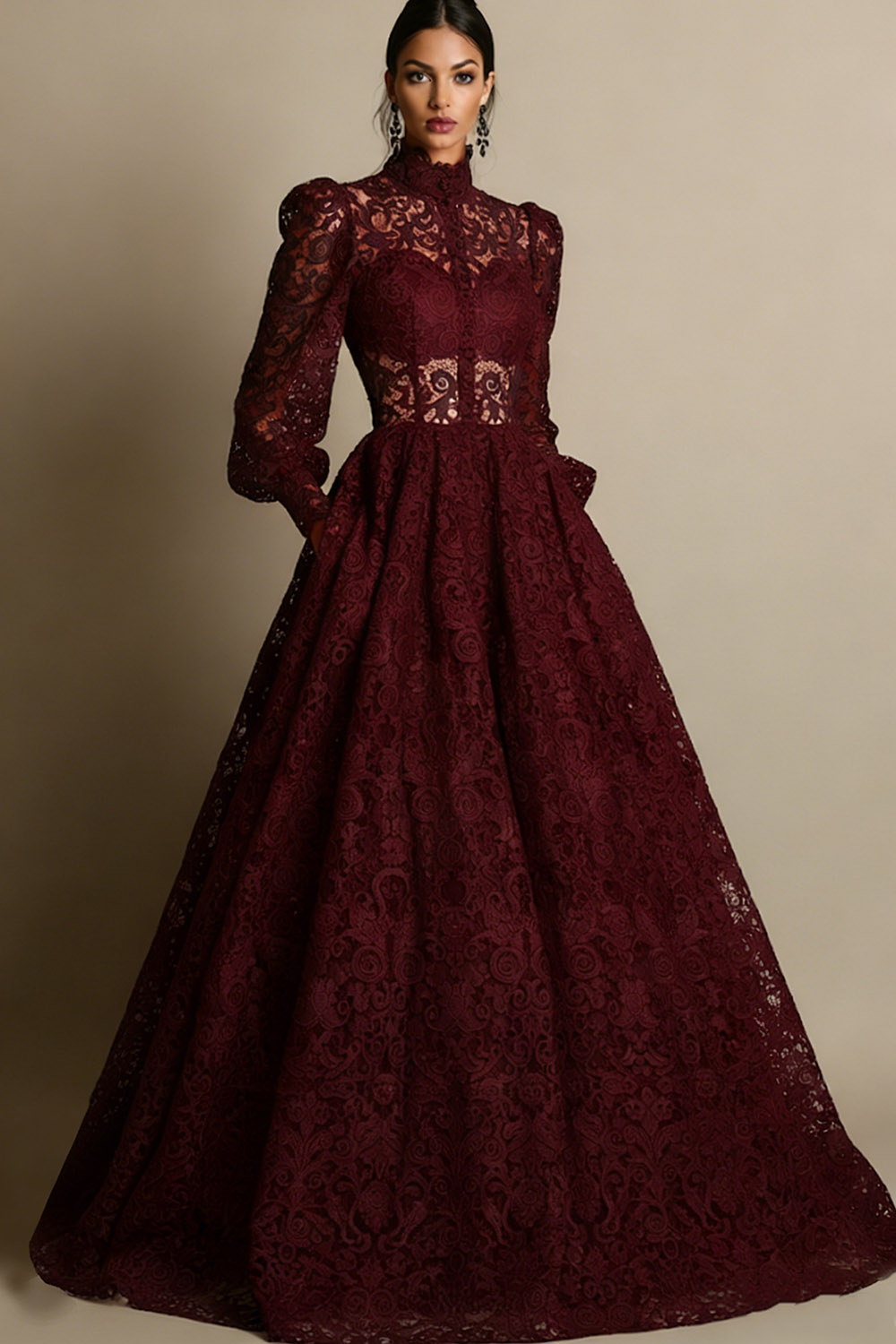 Black High Neck Long Sleeves Lace Evening Dress with Pockets