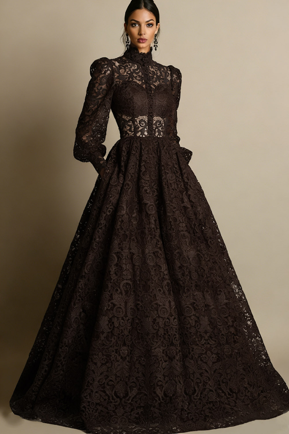 Leely Women Black Long Sleeves Lace Evening Dress with Pockets High Neck A Line Formal Dress with Sleeves