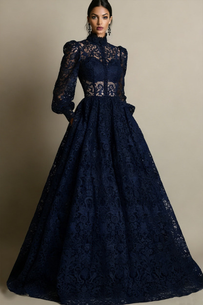 Black High Neck Long Sleeves Lace Evening Dress with Pockets