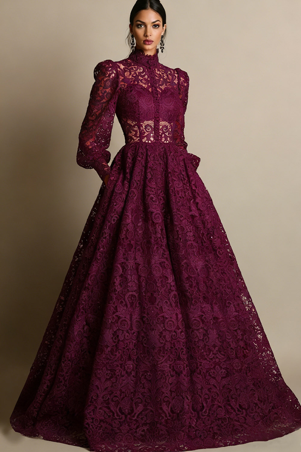 Black High Neck Long Sleeves Lace Evening Dress with Pockets