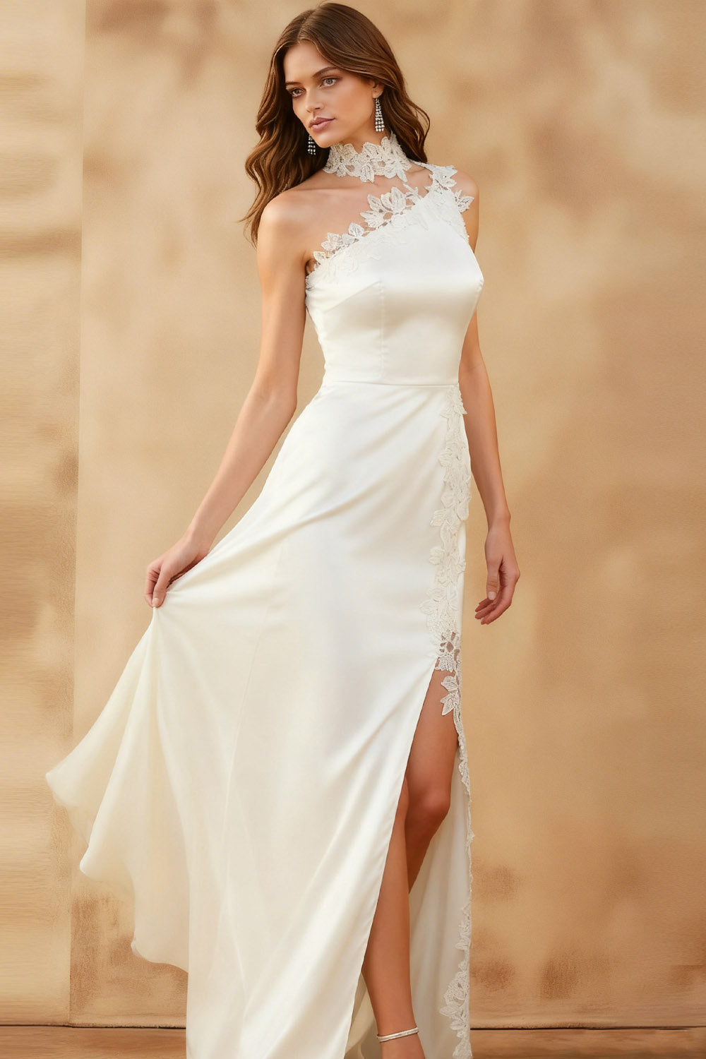 White One Shoulder Lace Long Formal Dress with Slit