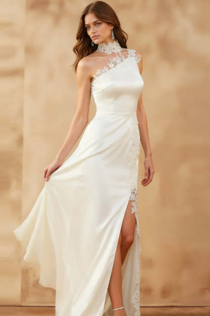 White One Shoulder Lace Long Formal Dress with Slit