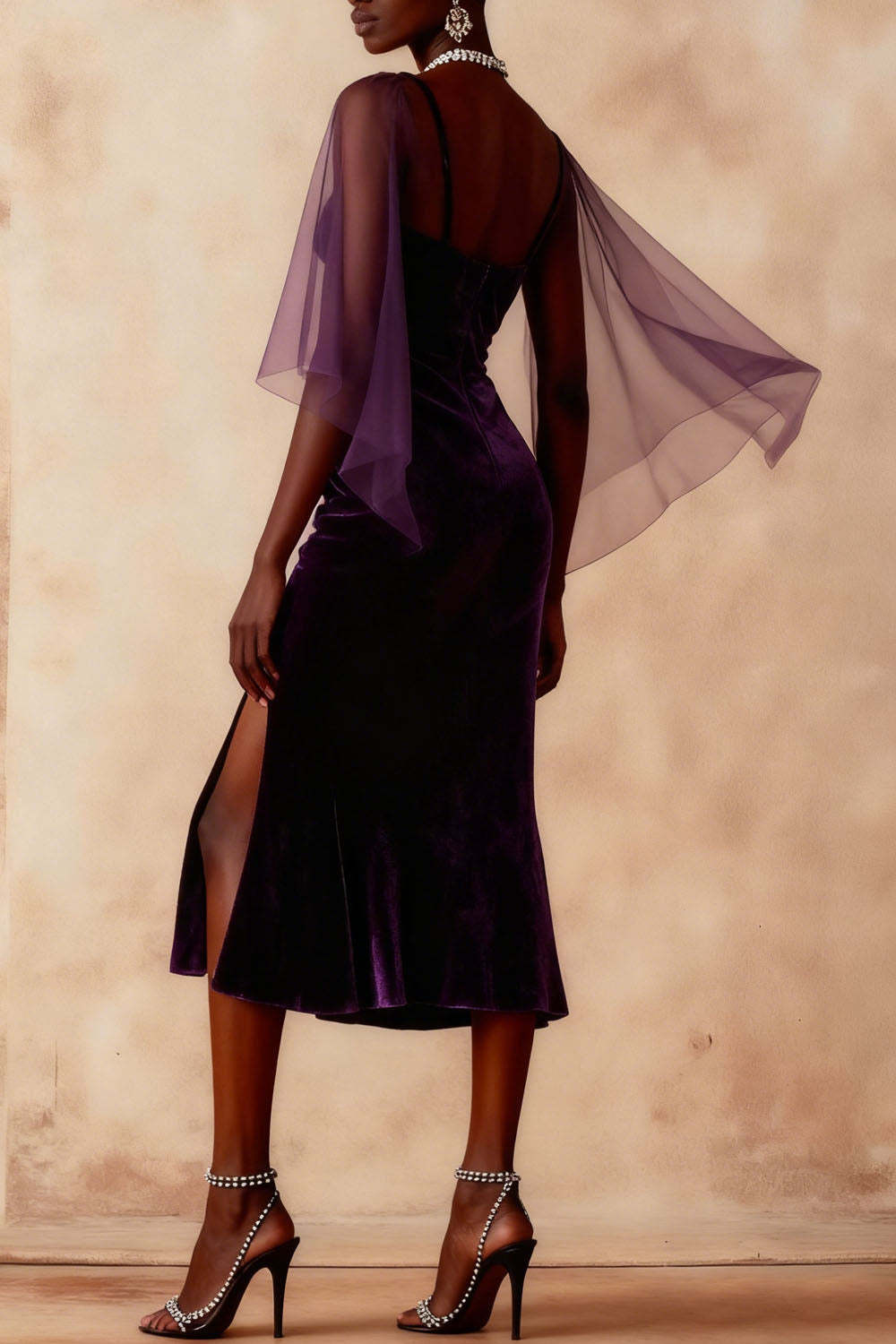 Dark Purple Mermaid Midi Velvet Holiday Party Dress with Slit