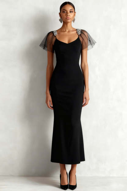 Leely Women Elegant Black Long Formal Dress with Beading Flutter Sleeves Backless Mermaid Evening Dress