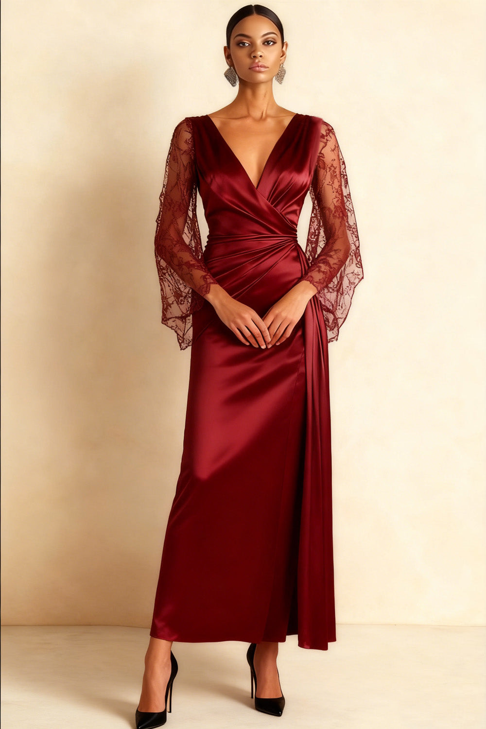 Burgundy V-Neck Ruched Long Formal Dress with Slit
