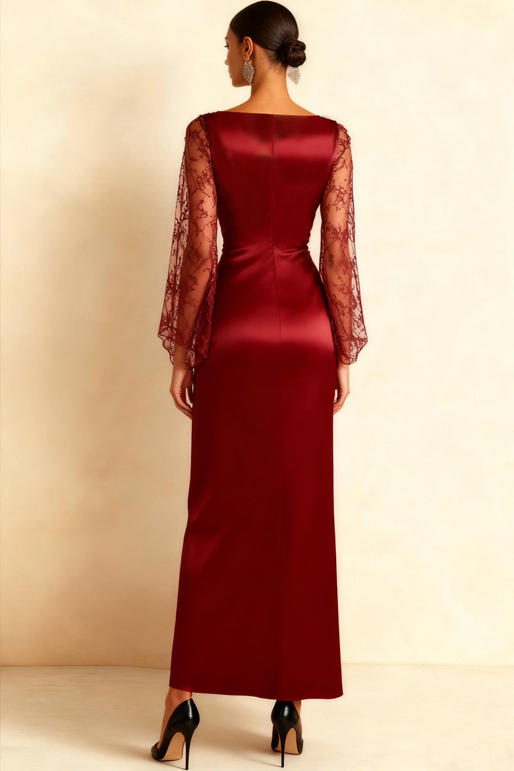 Burgundy V-Neck Ruched Long Formal Dress with Slit