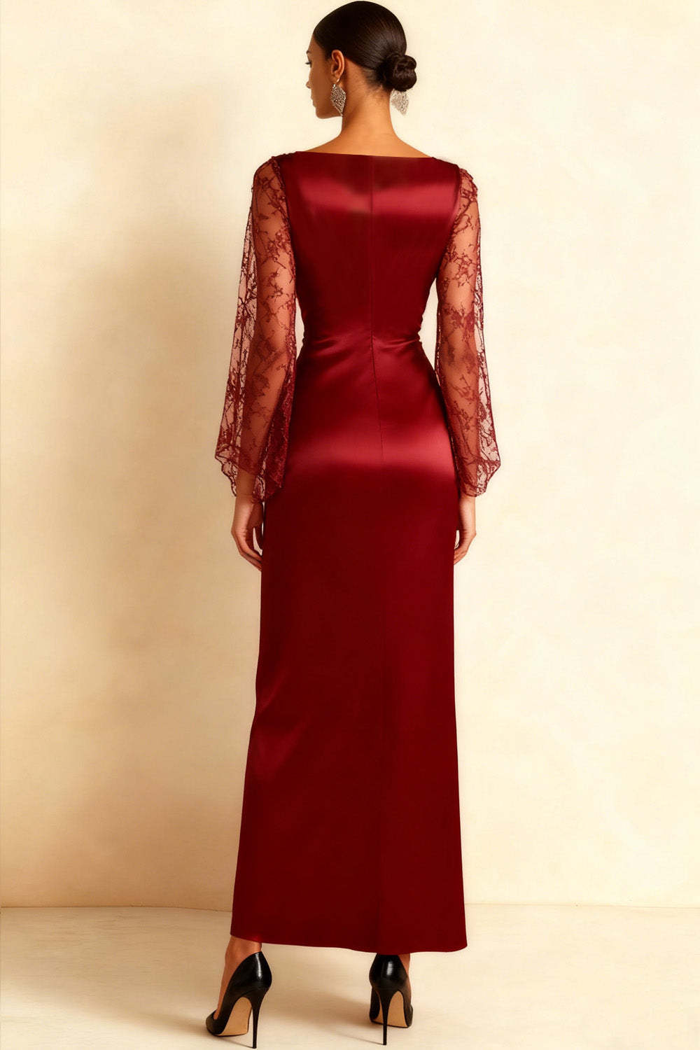 Burgundy V-Neck Ruched Long Formal Dress with Slit