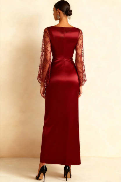 Burgundy V-Neck Ruched Long Formal Dress with Slit
