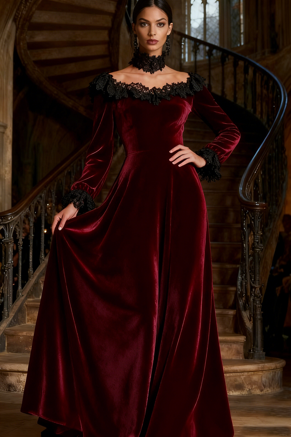 Burgundy Velvet Boat Neck Long Holiday Party Dress with Pockets
