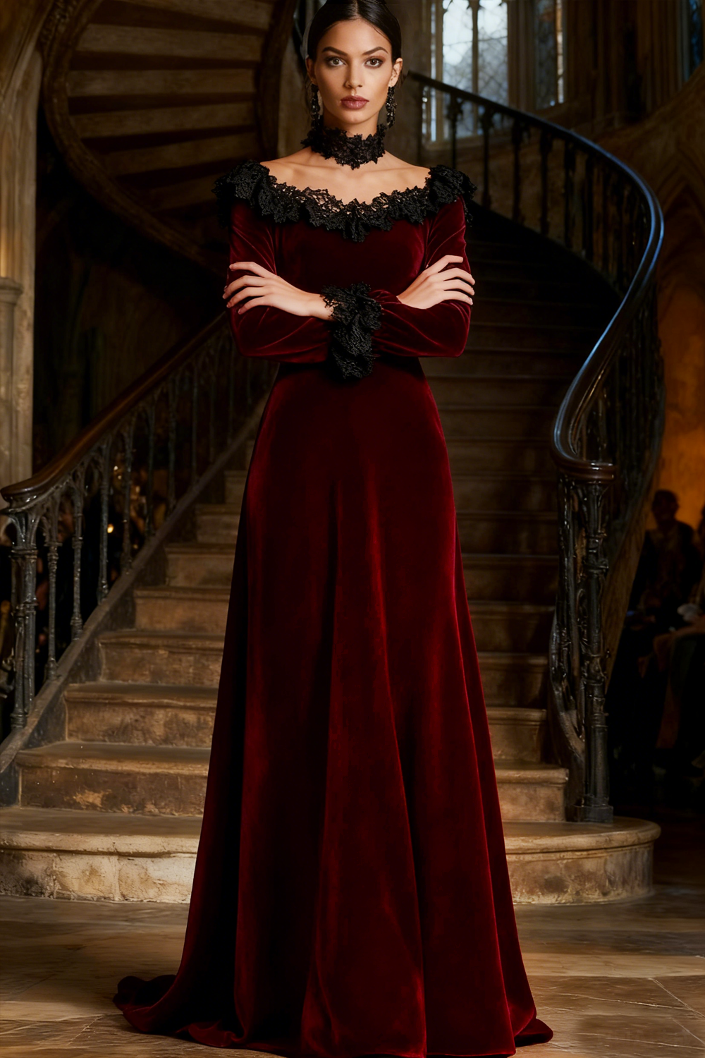 Burgundy Velvet Boat Neck Long Holiday Party Dress with Pockets