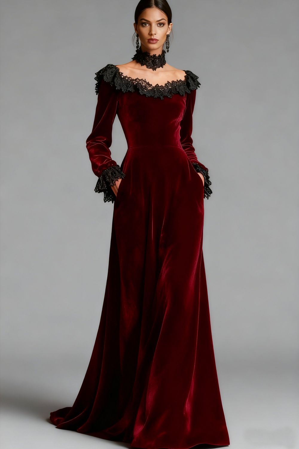 Burgundy Velvet Boat Neck Long Holiday Party Dress with Pockets