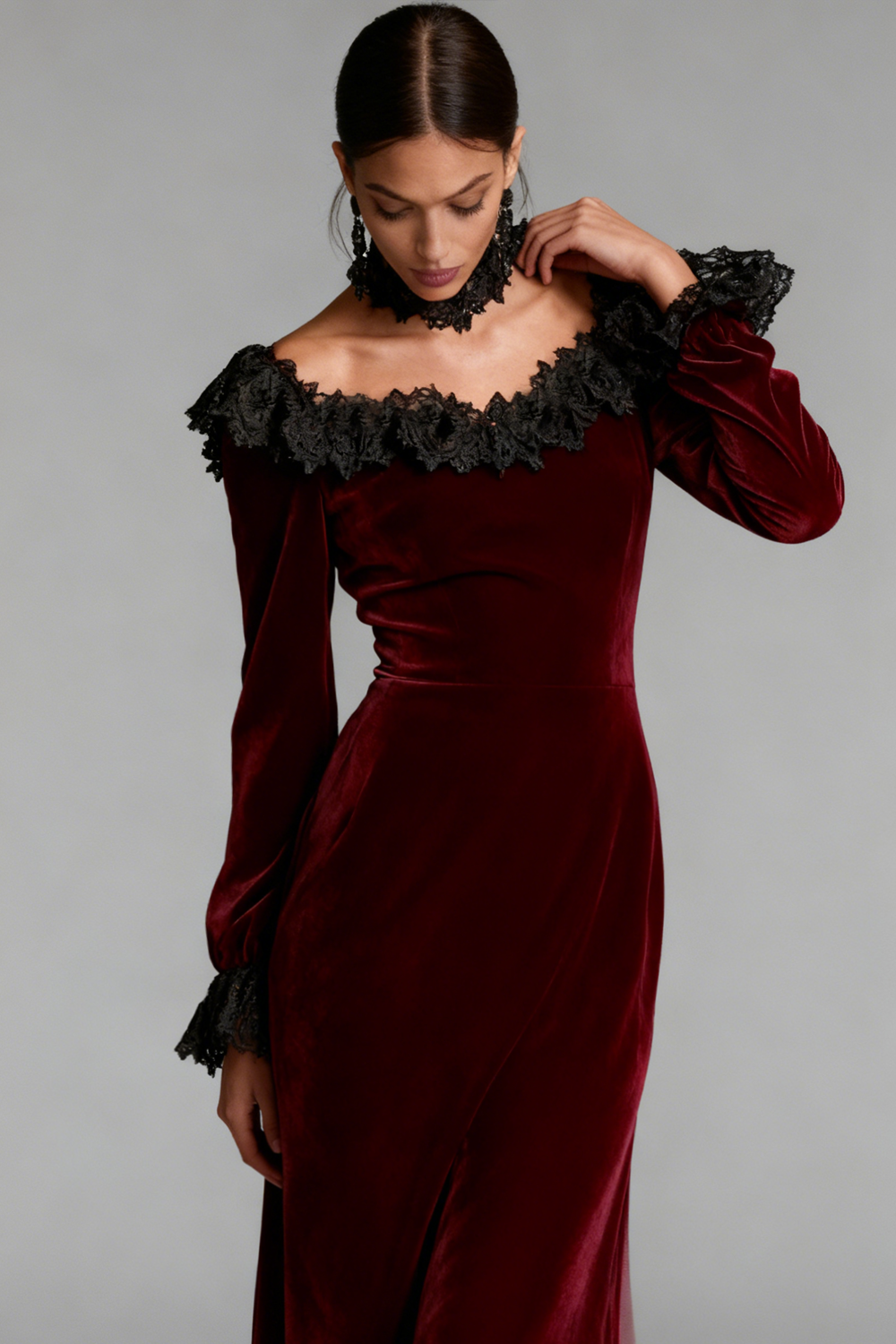 Burgundy Velvet Boat Neck Long Holiday Party Dress with Pockets