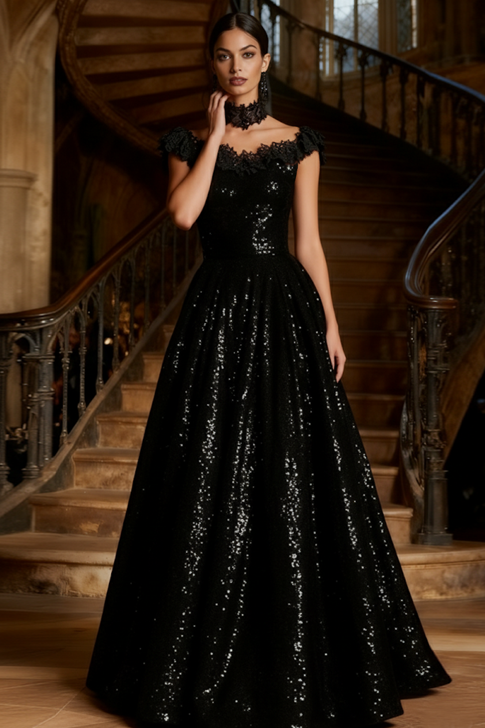 Sparkly Black Sequin A Line Long Holiday Party Dress