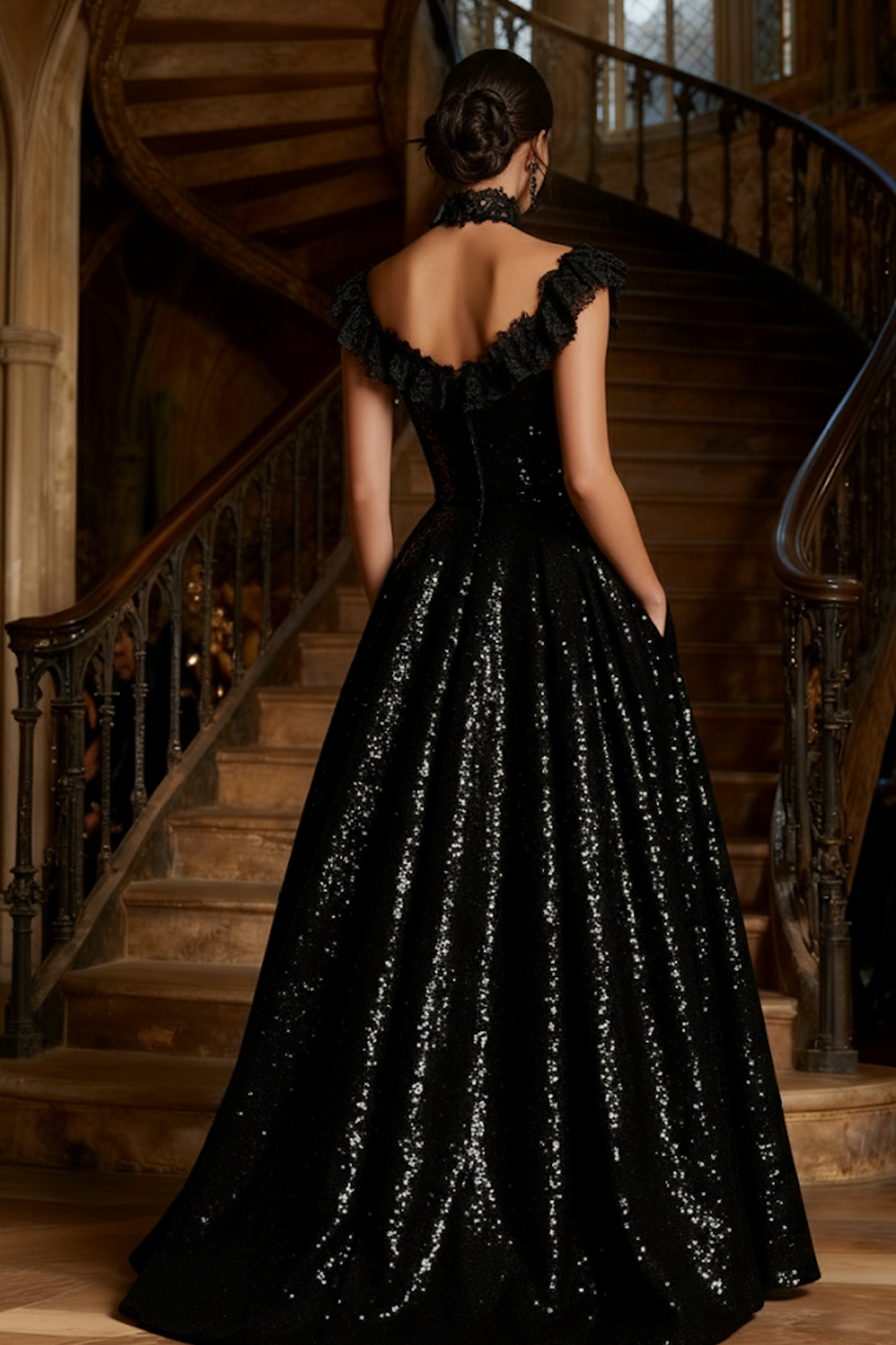 Sparkly Black Sequin A Line Long Holiday Party Dress